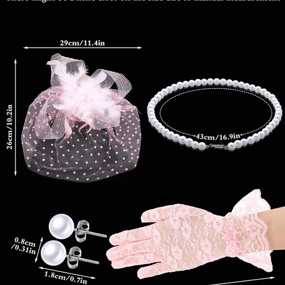 Women Fascinators Hats Set Pink Lace Gloves Pearl Jewelry for Tea Party - Picture 2 of 7